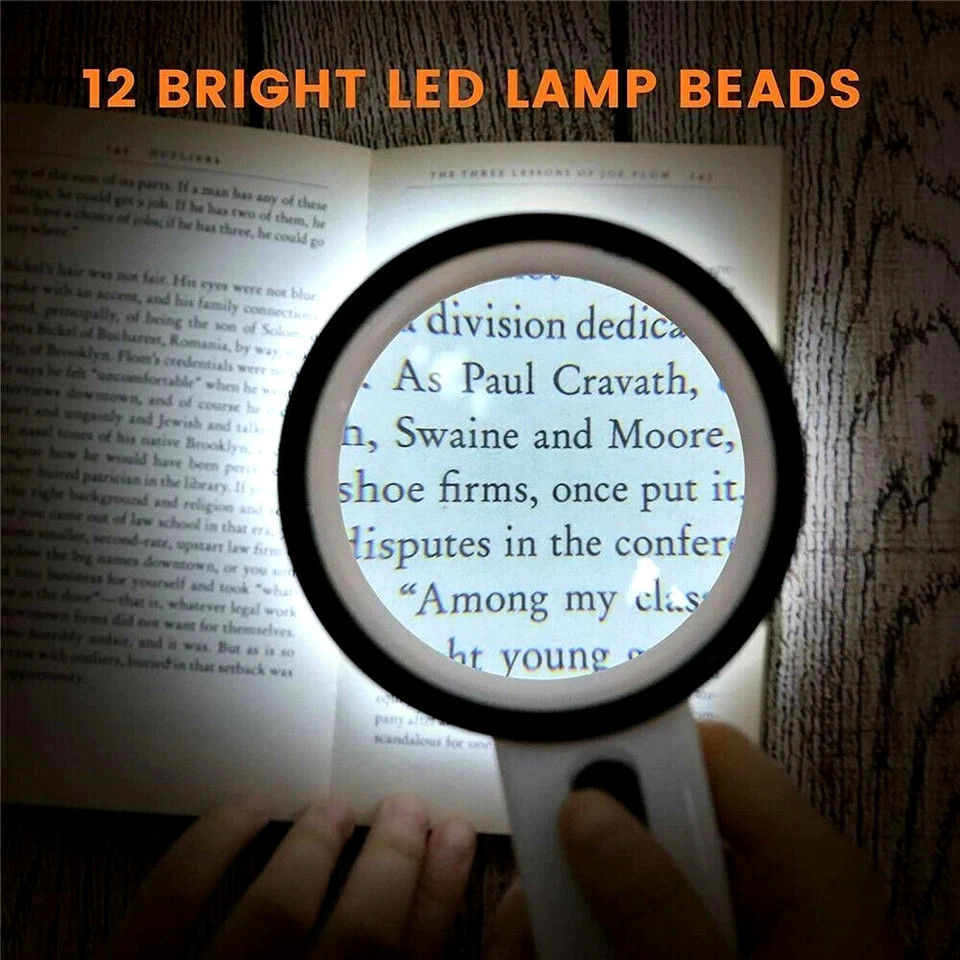 30X Jumbo Handheld Magnifying Glass w/ 12 Bright LED Light Illuminated Magnifier