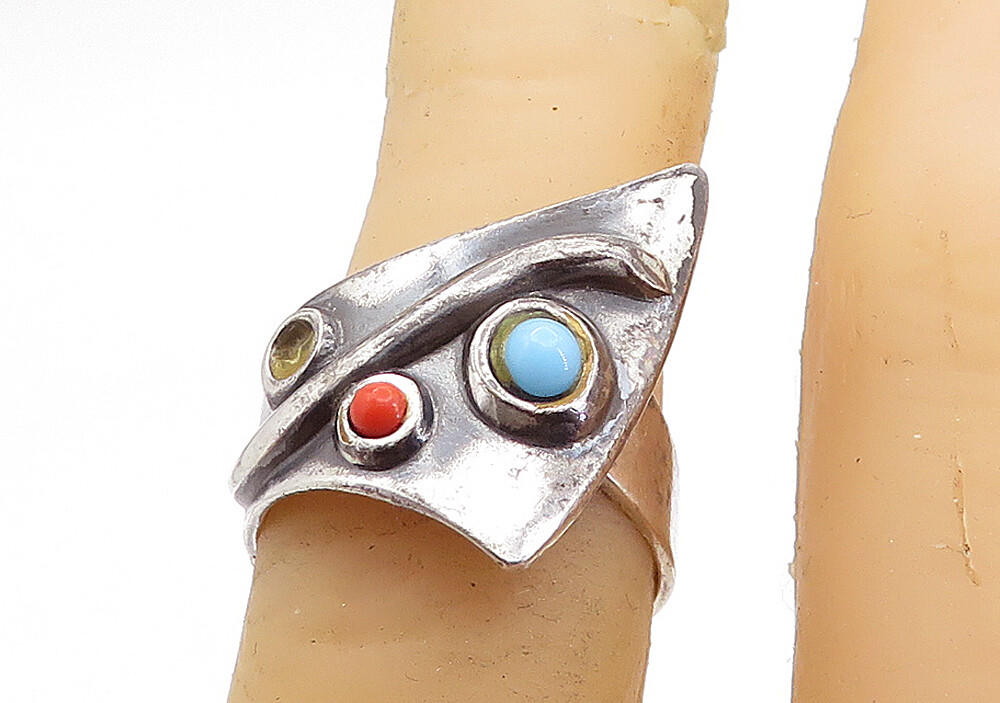 GERMANY 925 Silver Vintage Turquoise & Coral Oxidized Band Ring Sz 6 RG6657