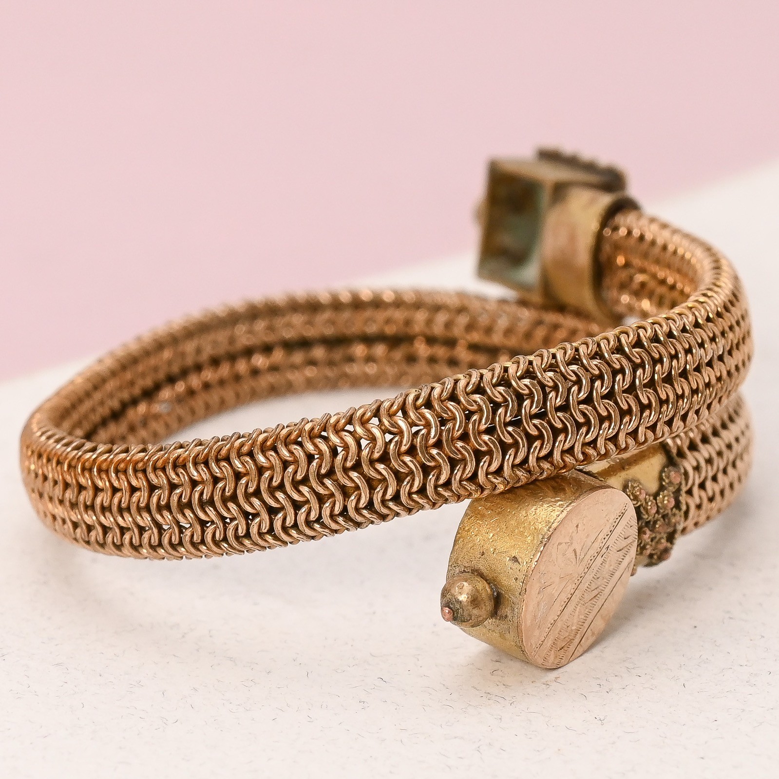 Antique Victorian Etruscan Revival Gold Filled Mesh Bypass Bracelet