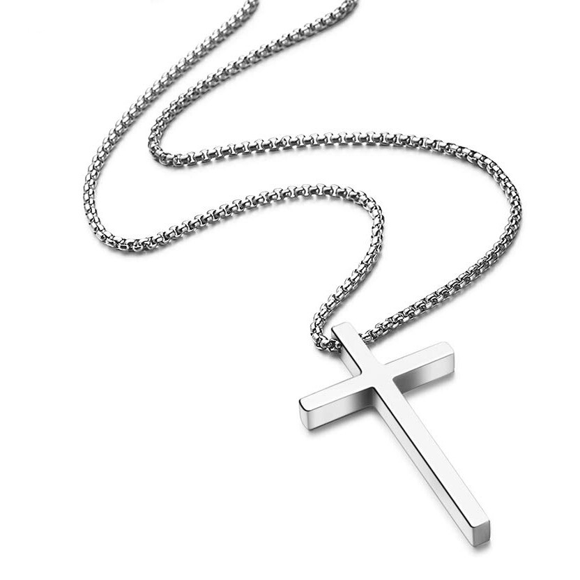 Men Women Plain Silver Stainless Steel Cross Pendant NecklaceBox Chain 16″-24″