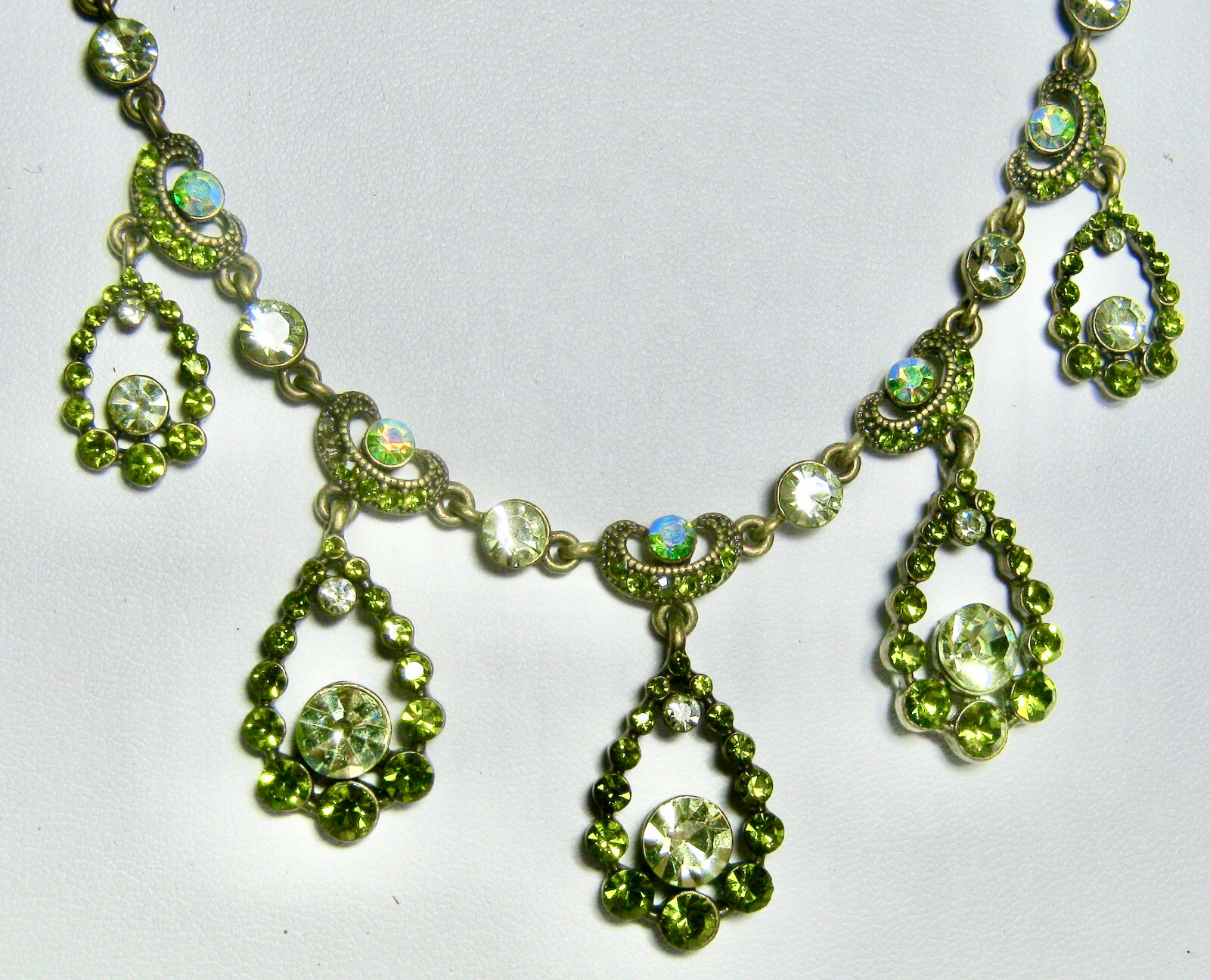 Green Rhinestone Necklace 16″ Plus 3″ Extender AB Stones, Darktone Metal