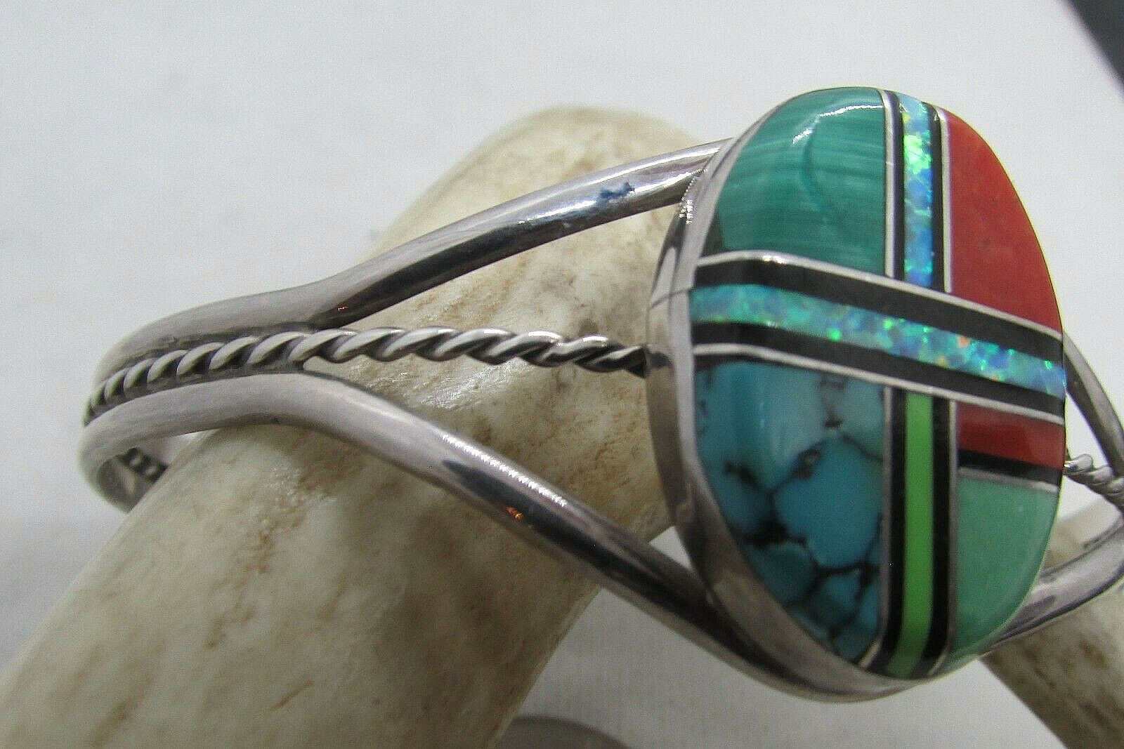 VTG SW N A INLAID CUFF W/SPINY OYSTER, TURQ, MALACHITE, & OPAL SS–NEW PRICE