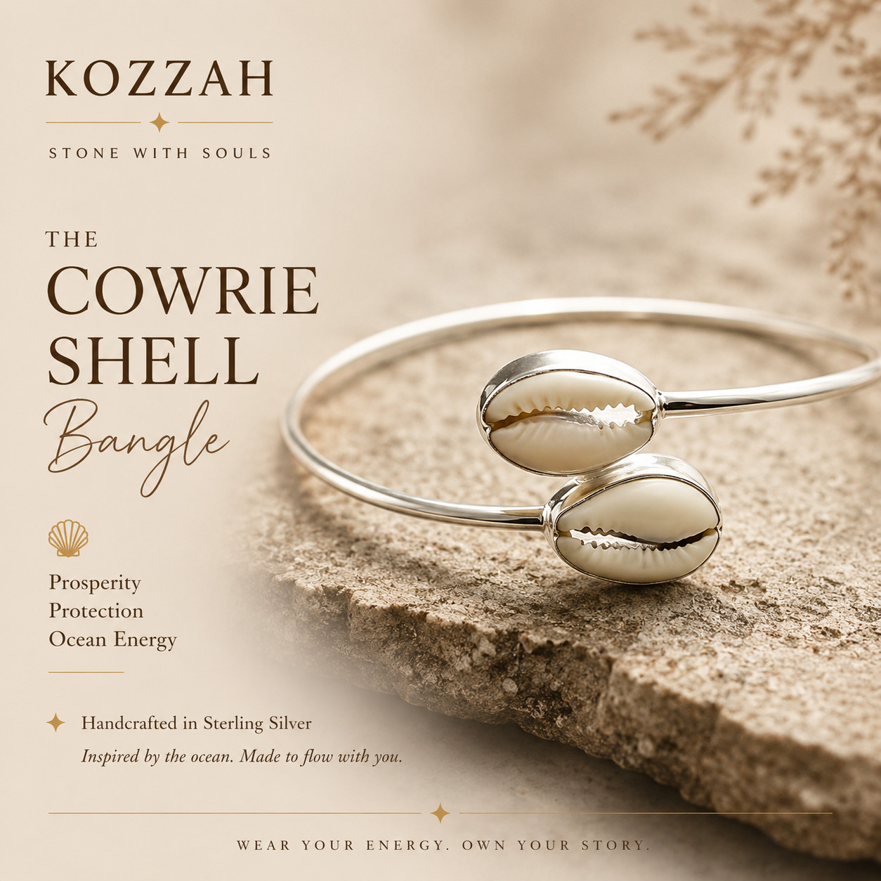 925 Sterling Silver Cowrie Shell Bracelet Double White Shell Cuff Bangle