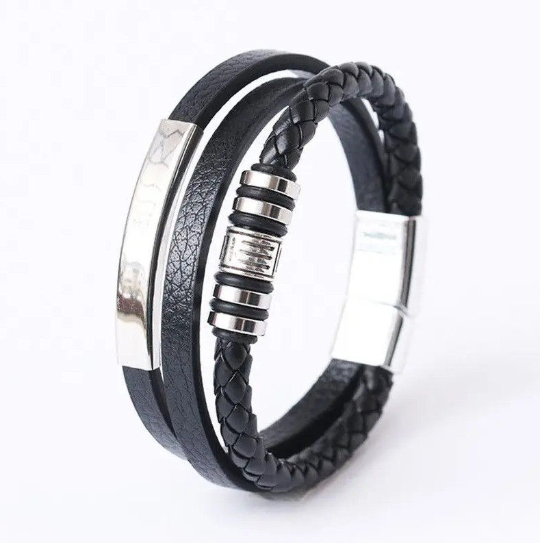 Men’s Multilayer Braided Leather Bracelet with Stainless Steel Clasp 21cm