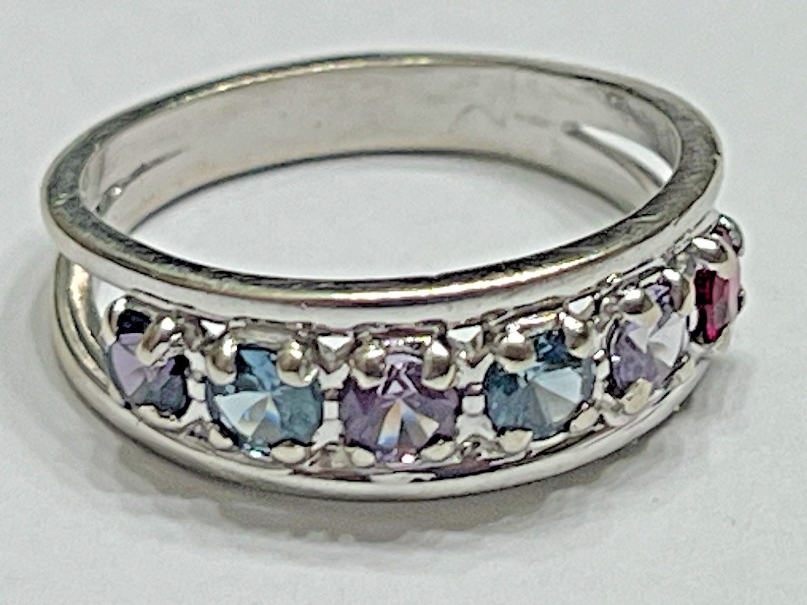 Signed 14K White Gold Ring Gemstones Size 8 Wide Band 4.20g Vintage Estate US