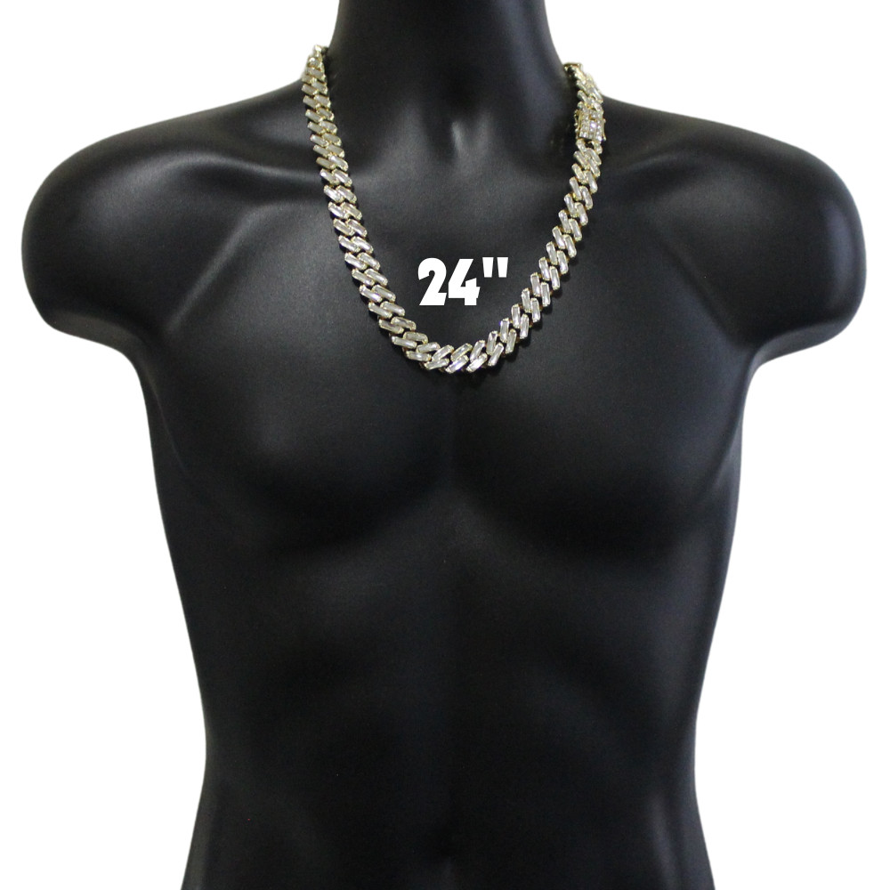 Mens 16mm Iced Baguette CZ Square Miami Cuban Link 14k Gold Plated Necklace