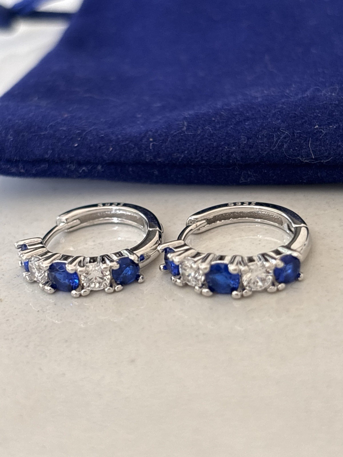 Sterling Silver Blue Sapphire CZ Huggie Hoop Earrings 925 Cubic Zirconia Gift
