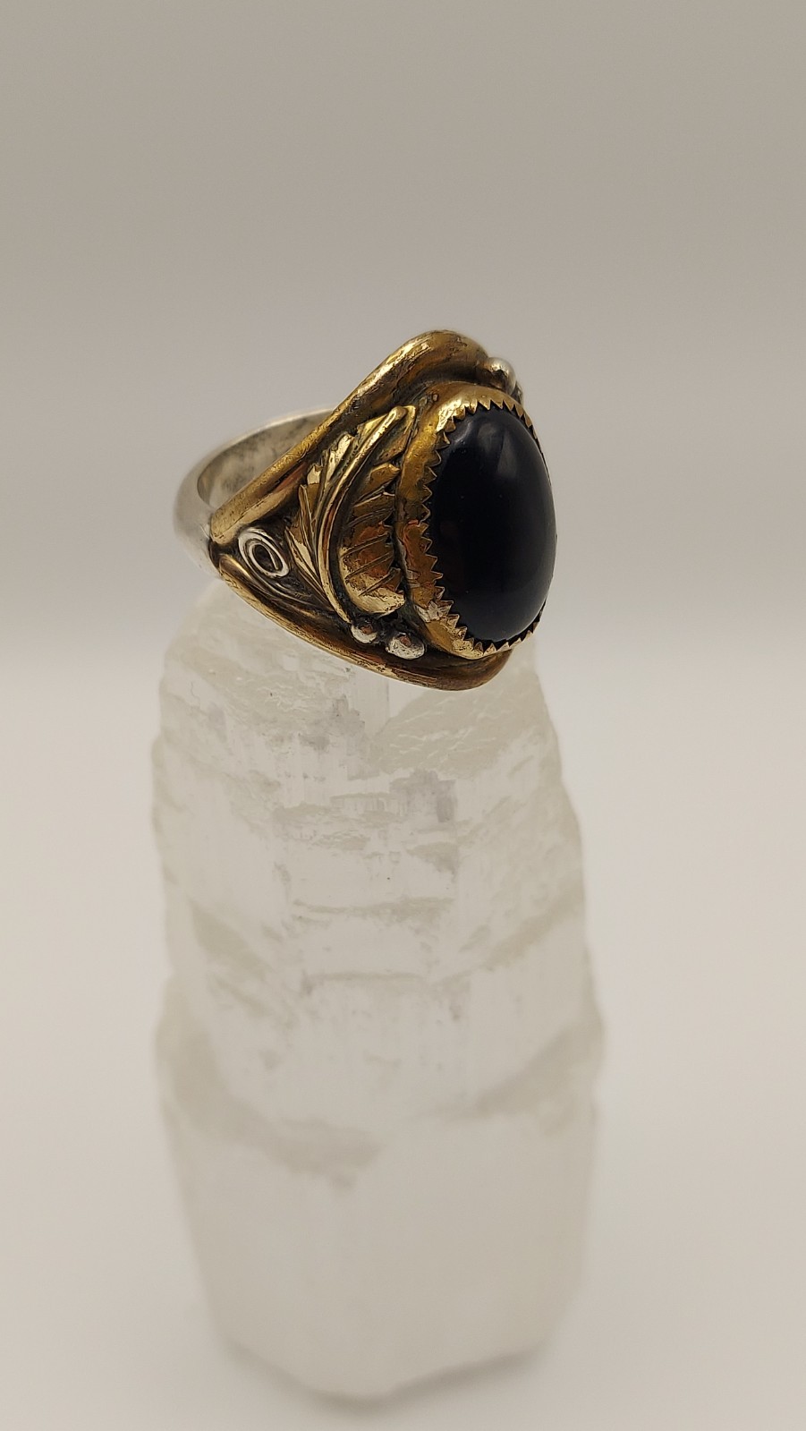 mens native signed KC, sterling silver and 12k gold filled ring, black onyx, 10