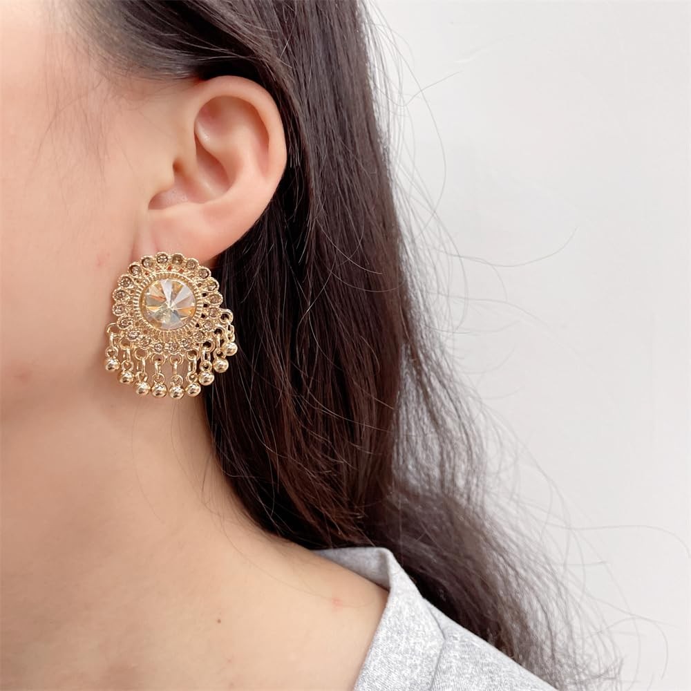 Vintage Round CZ Beaded Tassel Statement Dangle Drop 36mm X 30mm, Gold