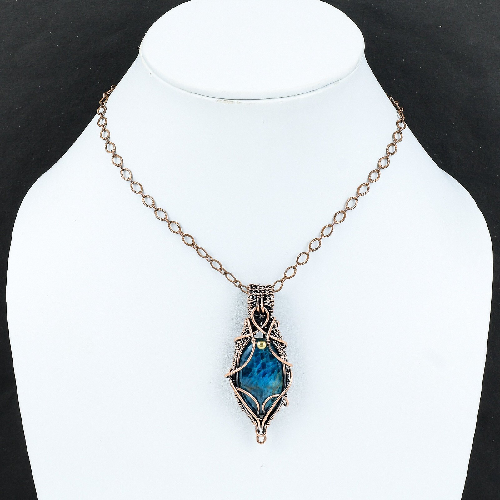 Neon Apatite Wire Wrapped Pendant Handcrafted Copper Unique Jewelry 2.56″