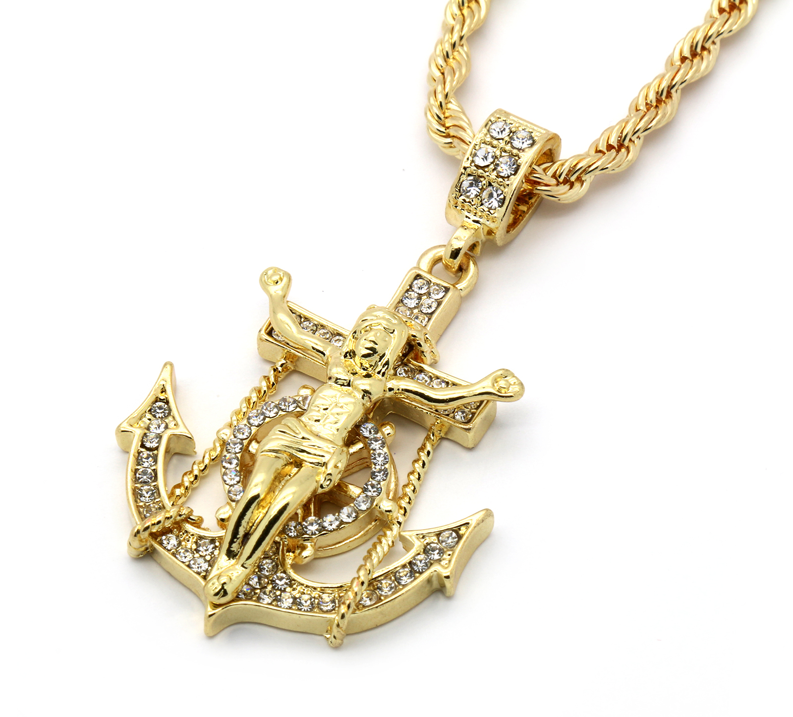 Mens Hip Hop 14k Gold Plated Jesus Hook Pendant Cubic-Zirconia 24″ Rope Chain