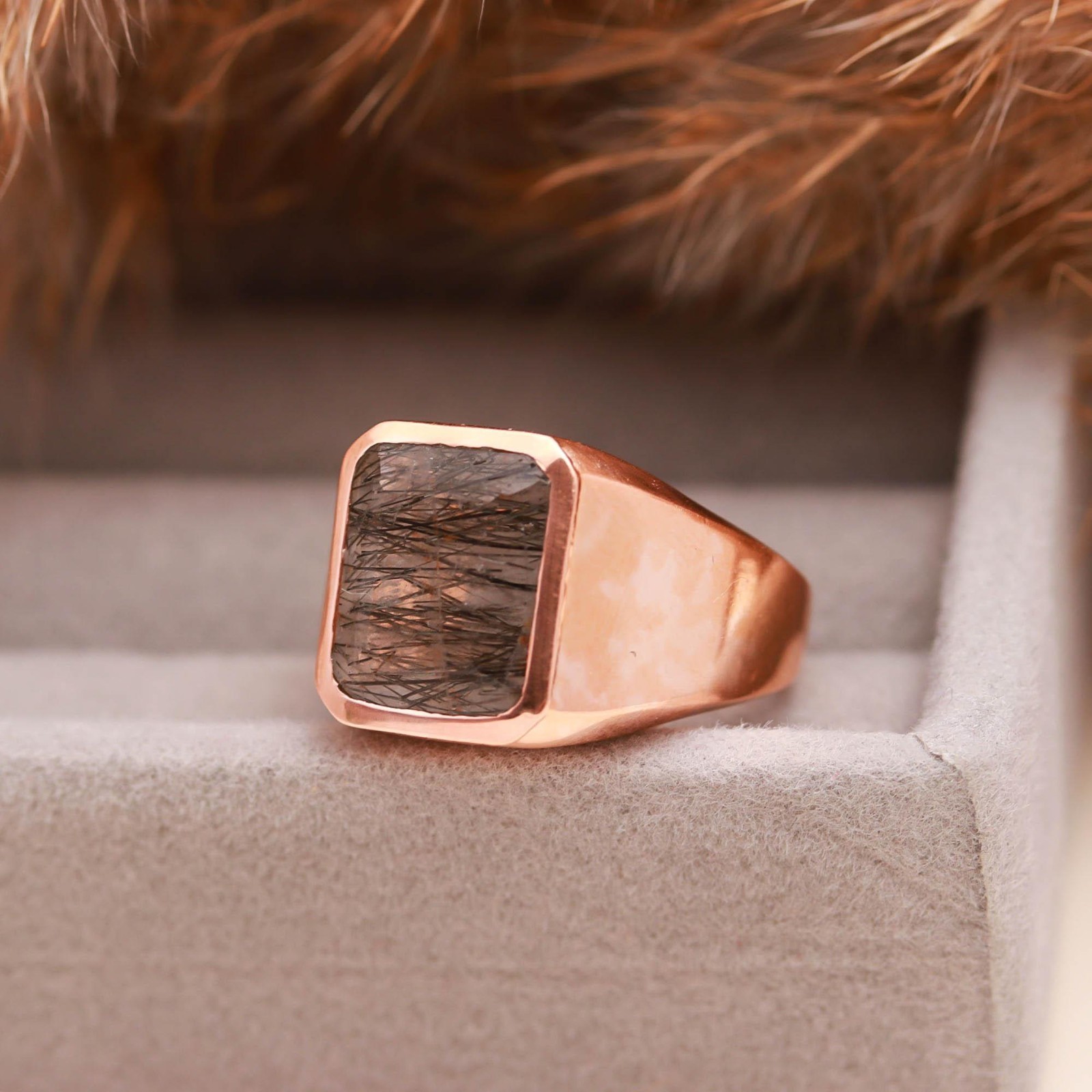 Natural Black Rutile Octagon Ring Rose Gold Plated 925 Sterling Silver Jewelry