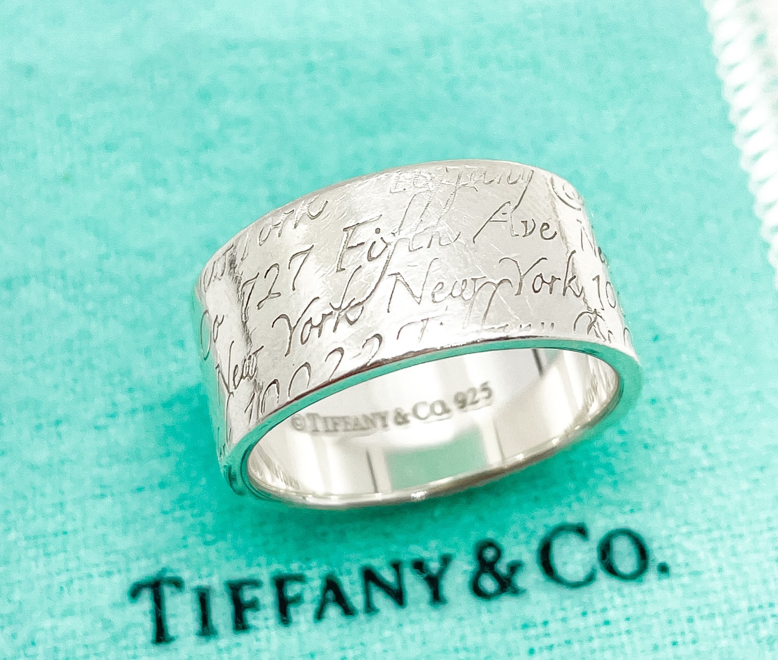 Tiffany & Co. Notes Script Fifth Avenue New York Wide Band Ring Silver Size 8.75