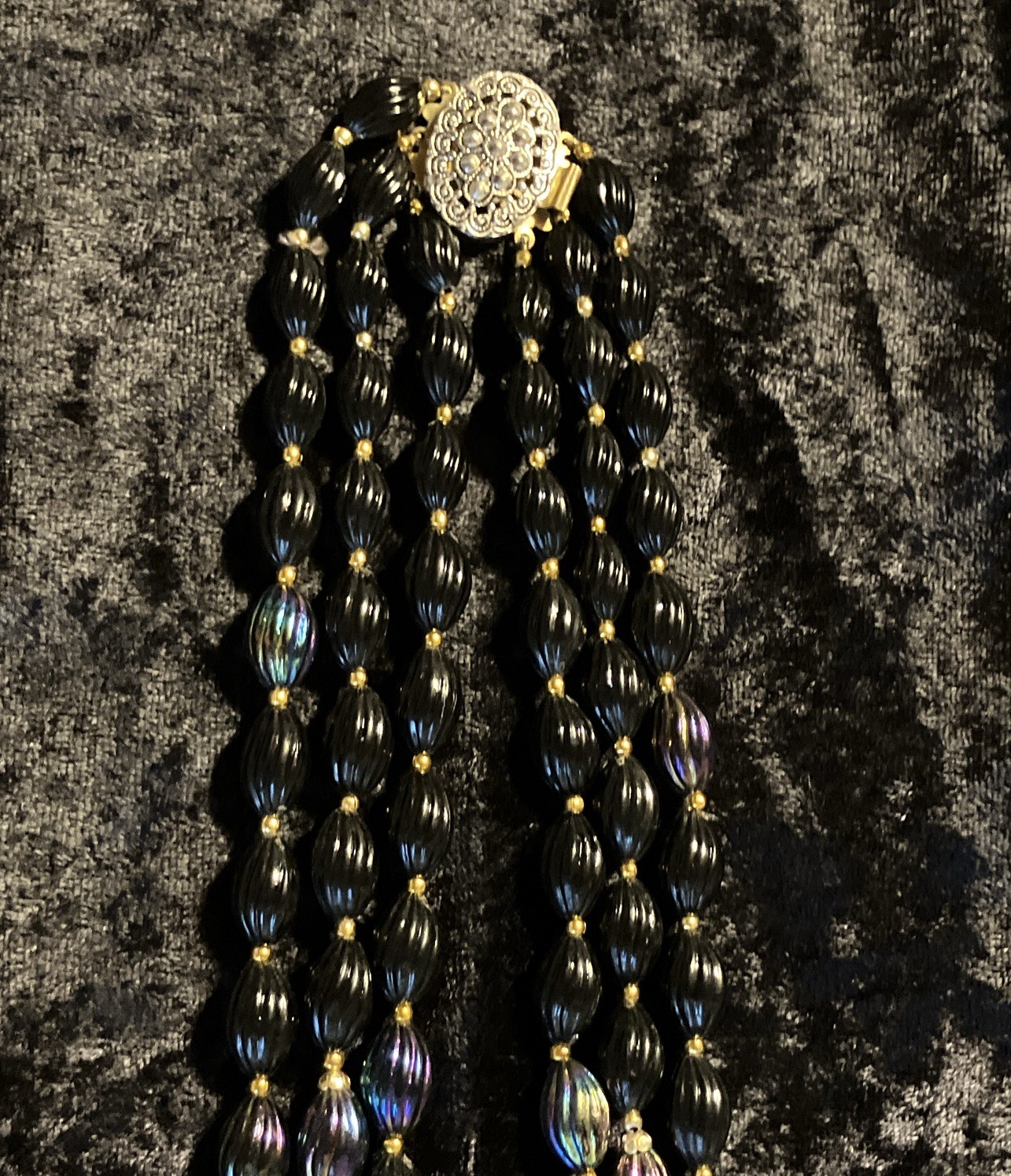 Vintage Multi-Strand Black Iridescent Beaded Necklace Gold Tone Beads Box Clasp