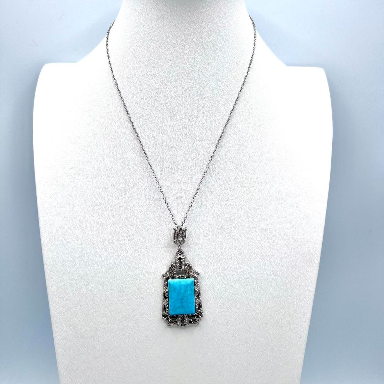 Vintage Style Silver Faux Turquoise Marcasite Pendant Necklace 18” Art Deco Rev