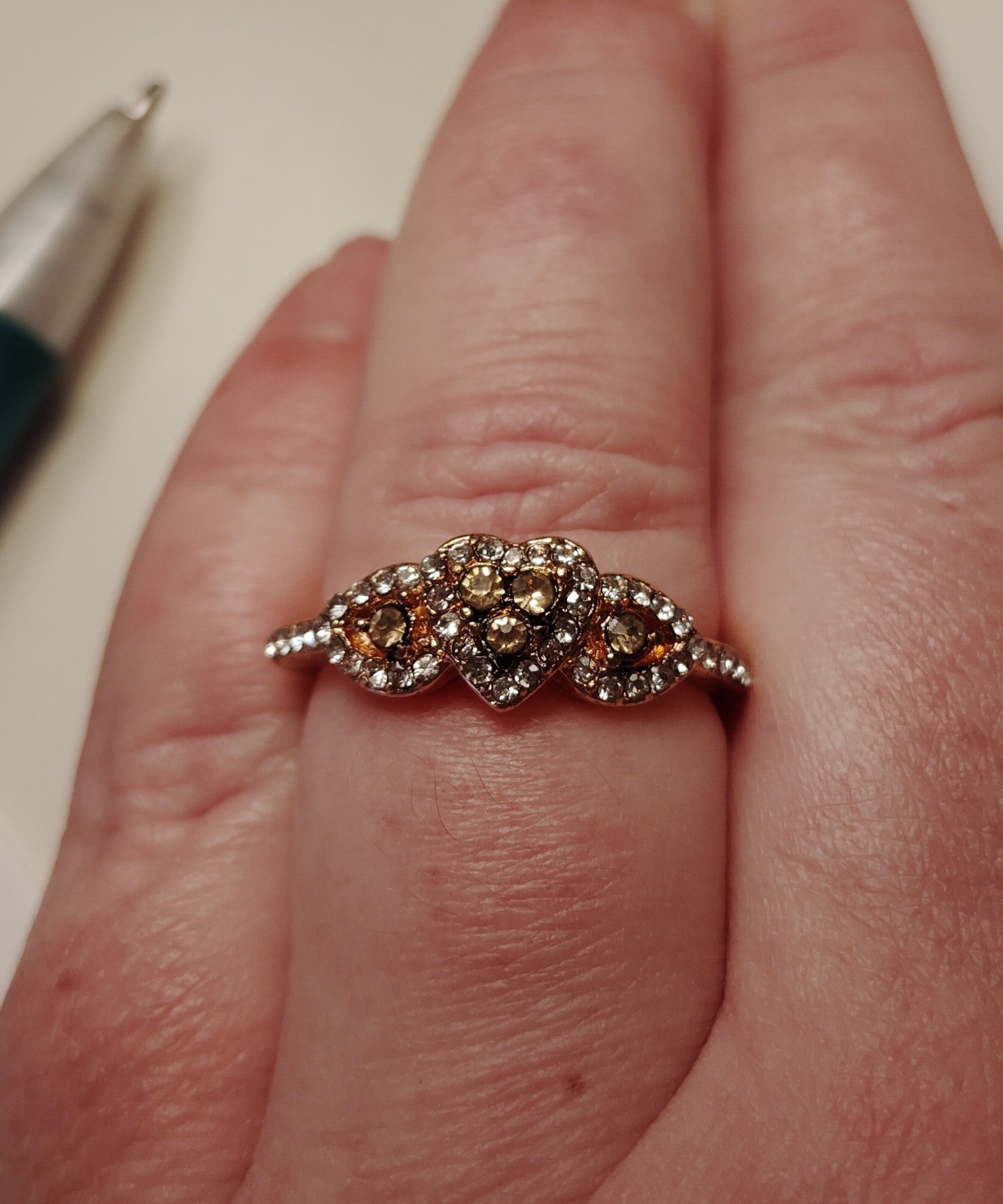 18k Rose Gold Over Sterling Silver Cognac + White Gemstone Heart Love Ring sz 9