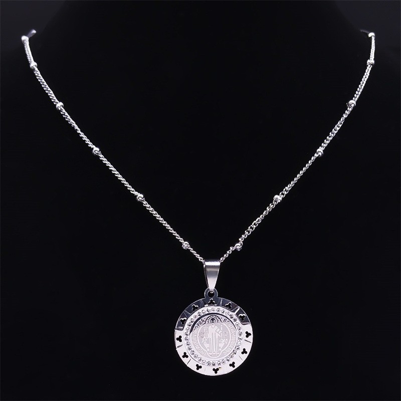 Stainless Steel Saint Benedict Round Medal Pendant Religious Jewelry Necklace