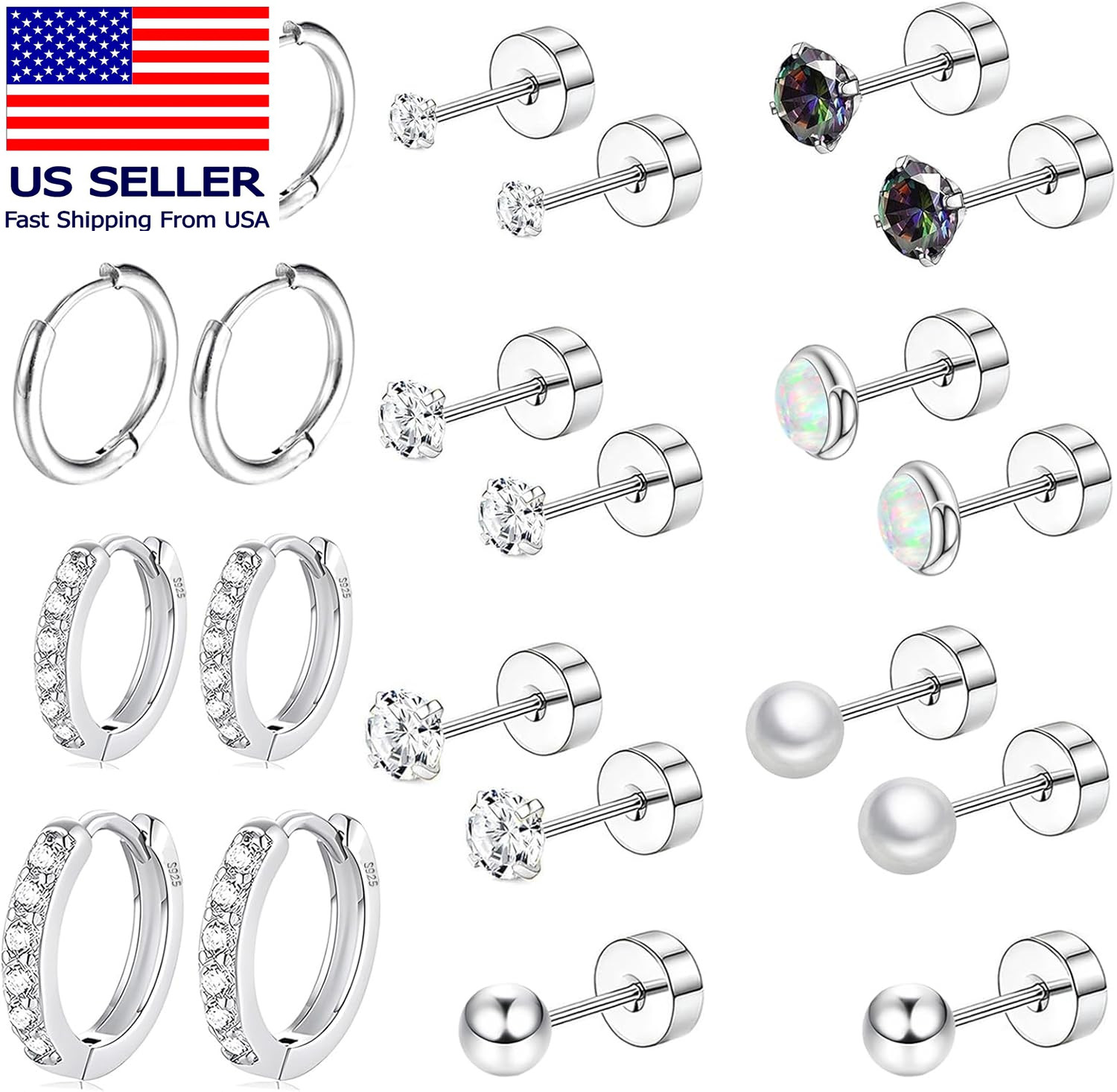 Surgical Steel Flat Back Earrings Set for Multiple Piercing Sensitive Ears,Sterl