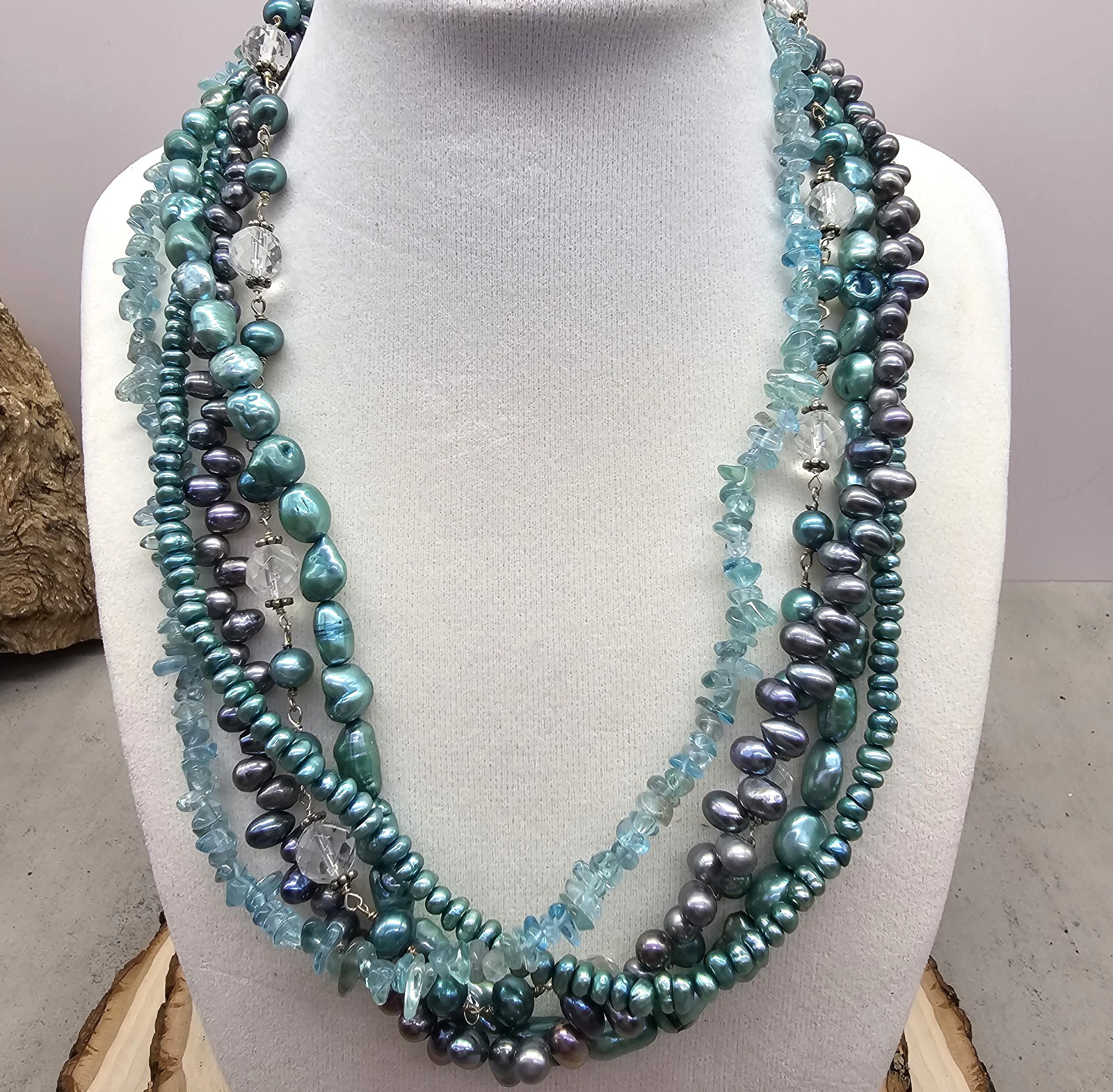 925 Sterling Multi Strand Pearl Apatite Quartz Beaded 17″+ Necklace Blues