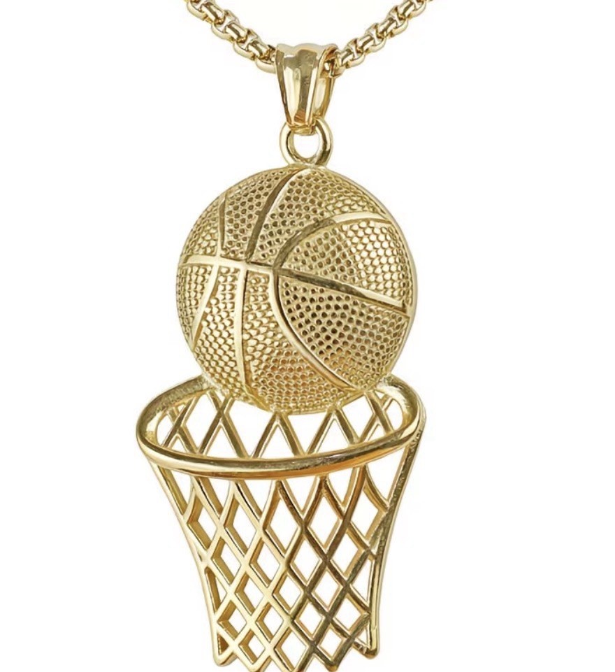 Golden Basketball Hoop Charm Pendant Necklace Rope Chain 23.62in Sports