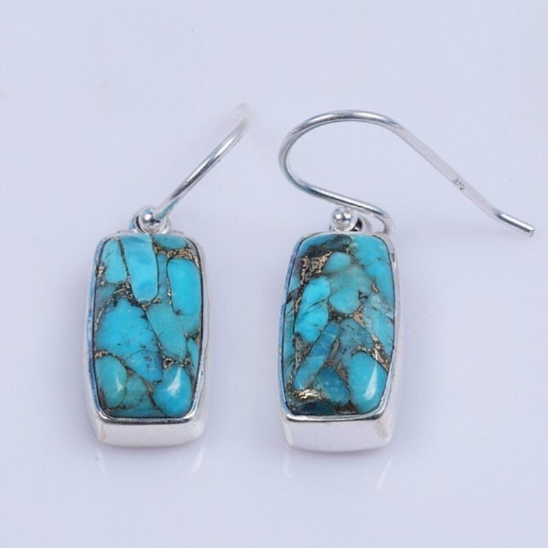 925 Sterling Silver Handmade Blue Copper Turquoise Dangle Earrings