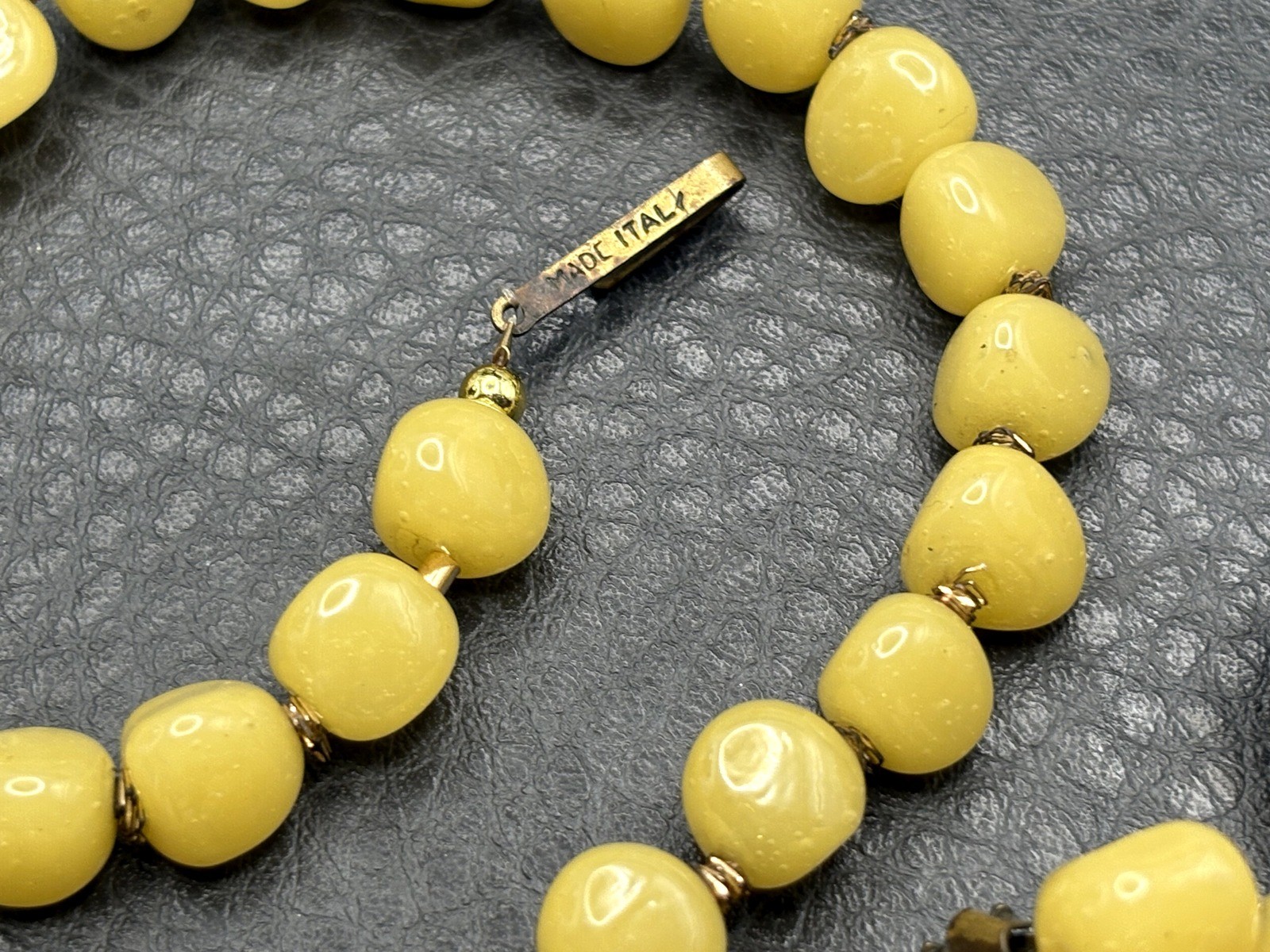 Vintage Made In Italy Yellow Art Glass Bead Necklace & Clip Ons Earring Set