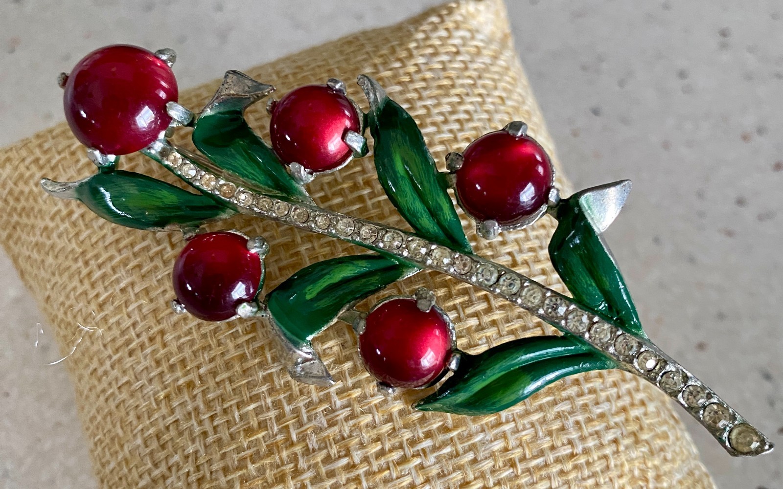 Vintage Holly Berry Rhinestone Brooch Red Cabochon Green Enamel Silver Tone Pin