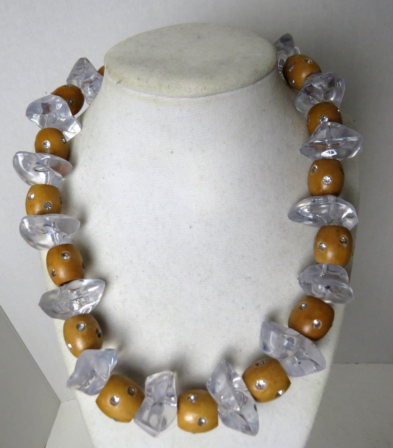Vintage Lucite Chunks, Wood Beads Set with Rhinestones Necklace 20 Inches Length