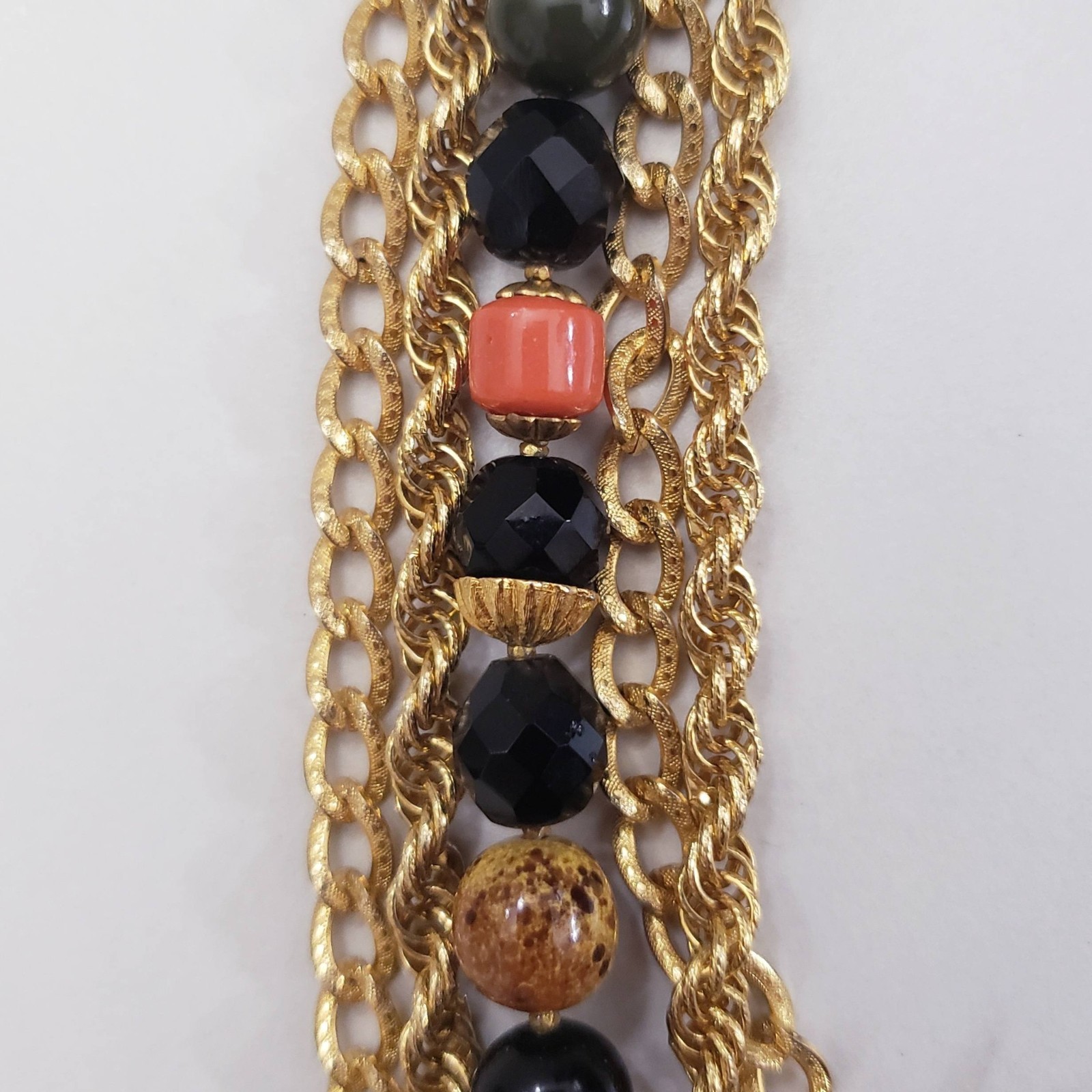 Vintage Pietra Dura Flower Mosaic Pendant Glass Bead Gold Tone Chain Necklace
