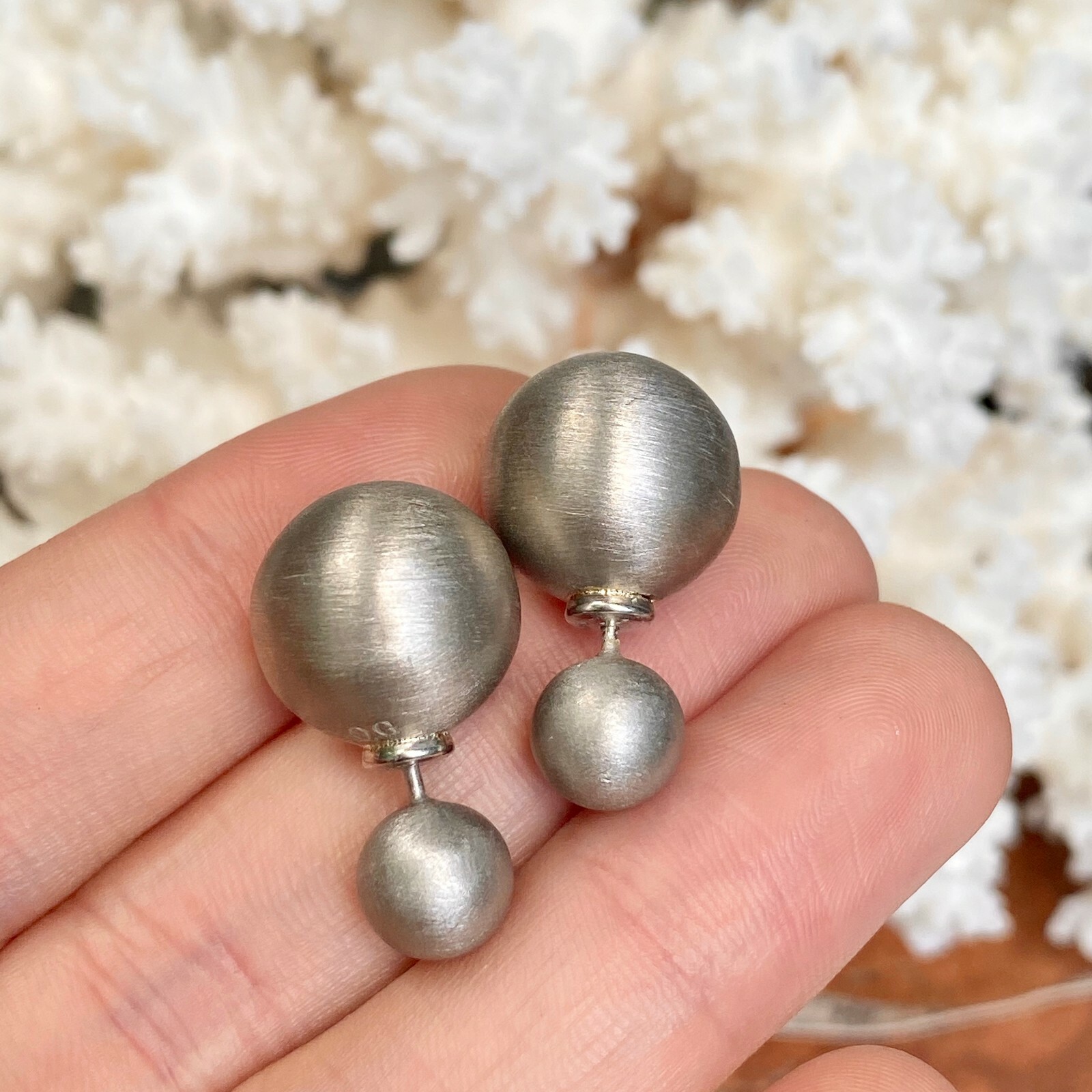 Sterling Silver Matte Satin Finish Double-Ended Ball Earrings 14 MM x 8 MM NEW