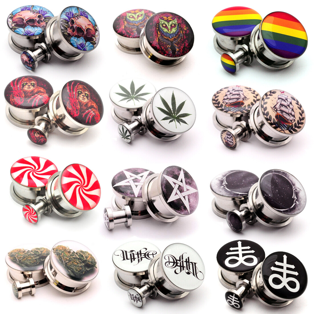 Pair of Screw on Picture Plugs gauges Choose Size and Style 16g thru 1 inch