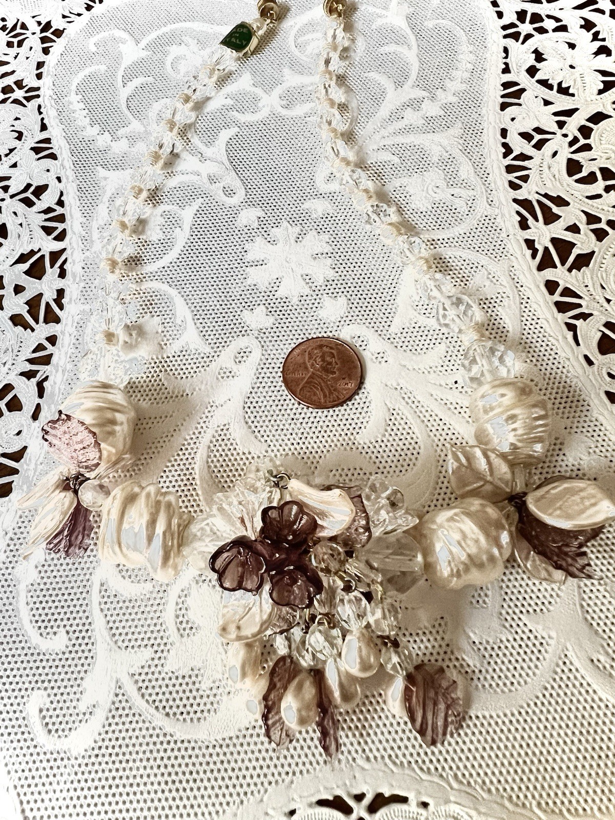 Vintage Venetian Clear, Purple, & Faux Pearl Flower Bead Art Glass Necklace 18″