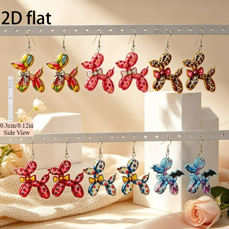 6 Pairs of Acrylic Colorful Printed Balloon Dog-shaped Bow Pendant Earrings