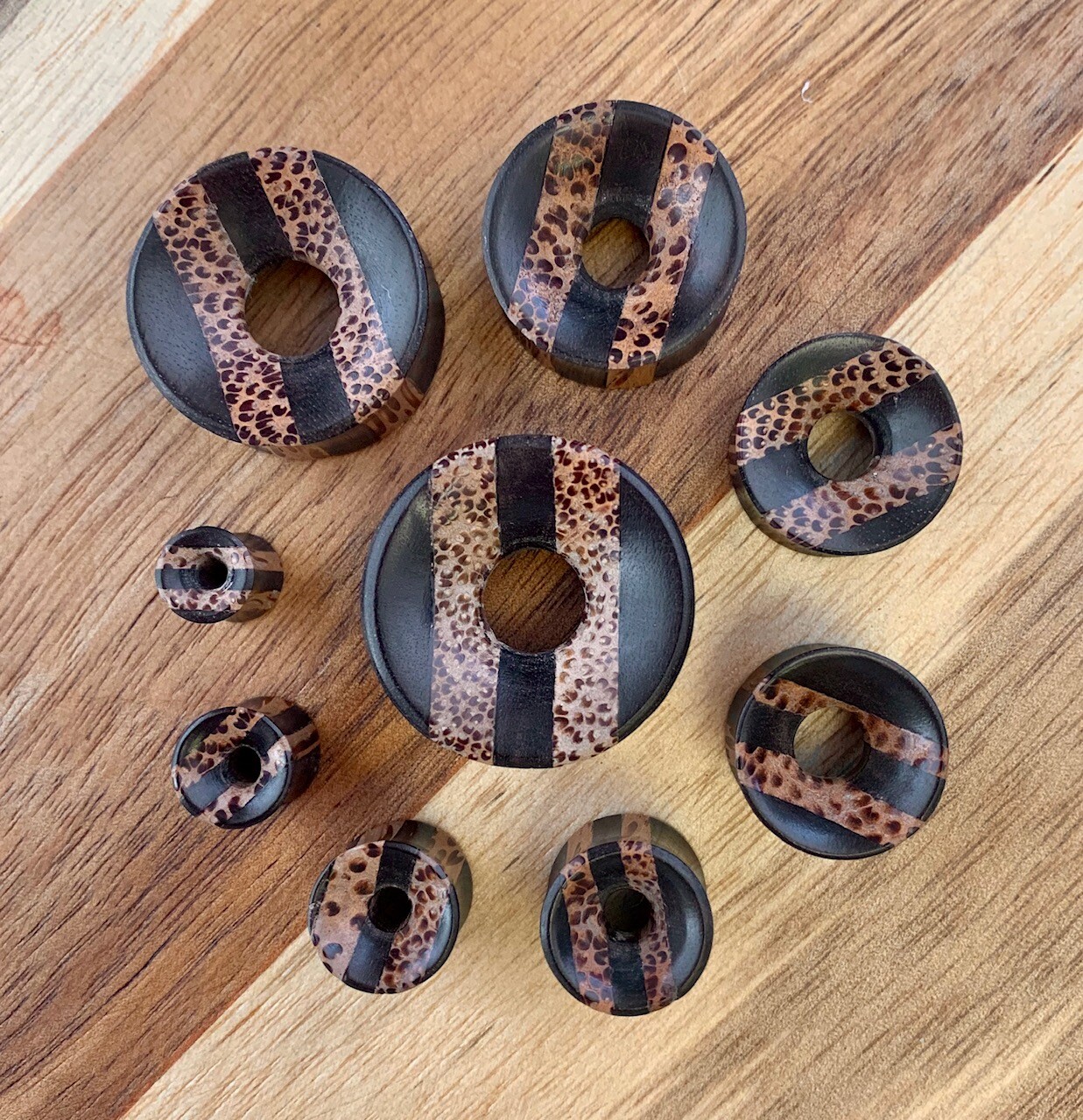 PAIR Coconut & Areng Wood Striped Tunnels Plugs Organic Gauges Body Jewelry