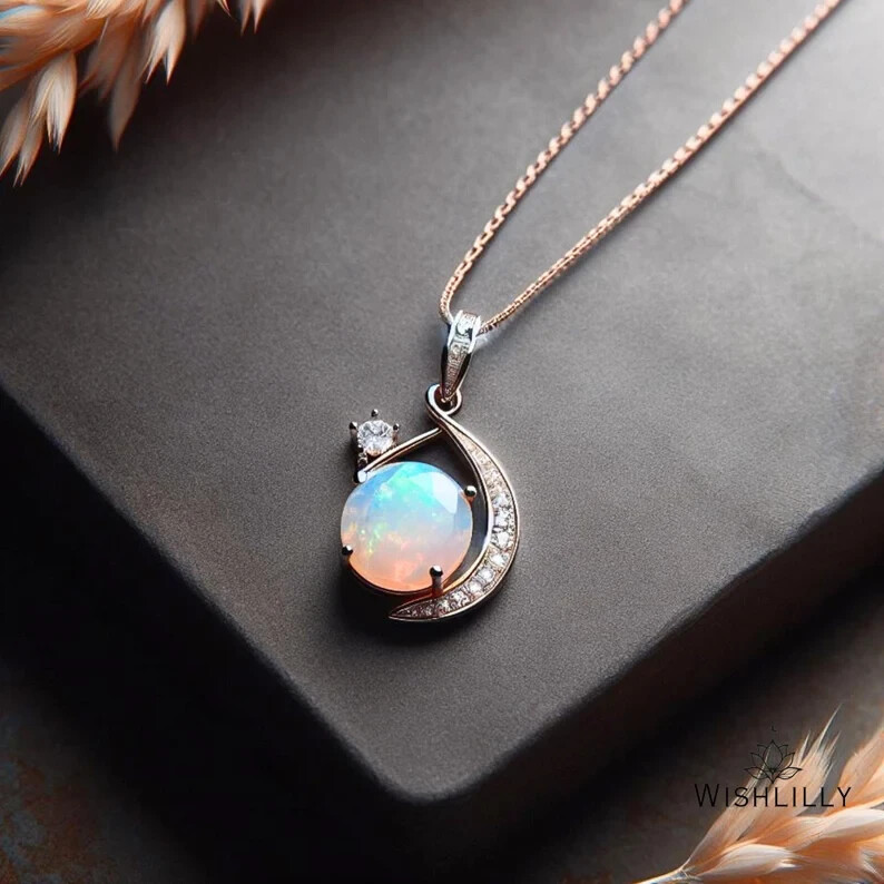 Silver Opal Moon Pendant Necklace by Wishlilly • Gift for Her • Gifts for Mom •