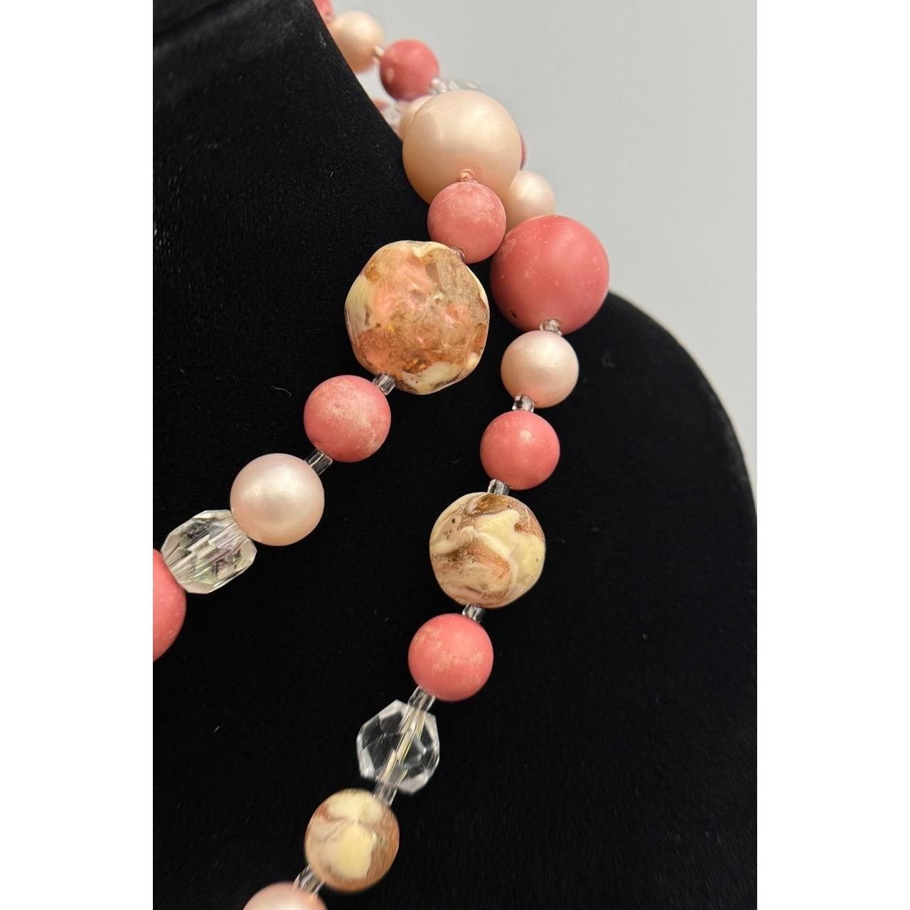 Vintage Bold Pink Mauve Faux Pearl Necklace 24” Beaded Single Strand AB Crystal