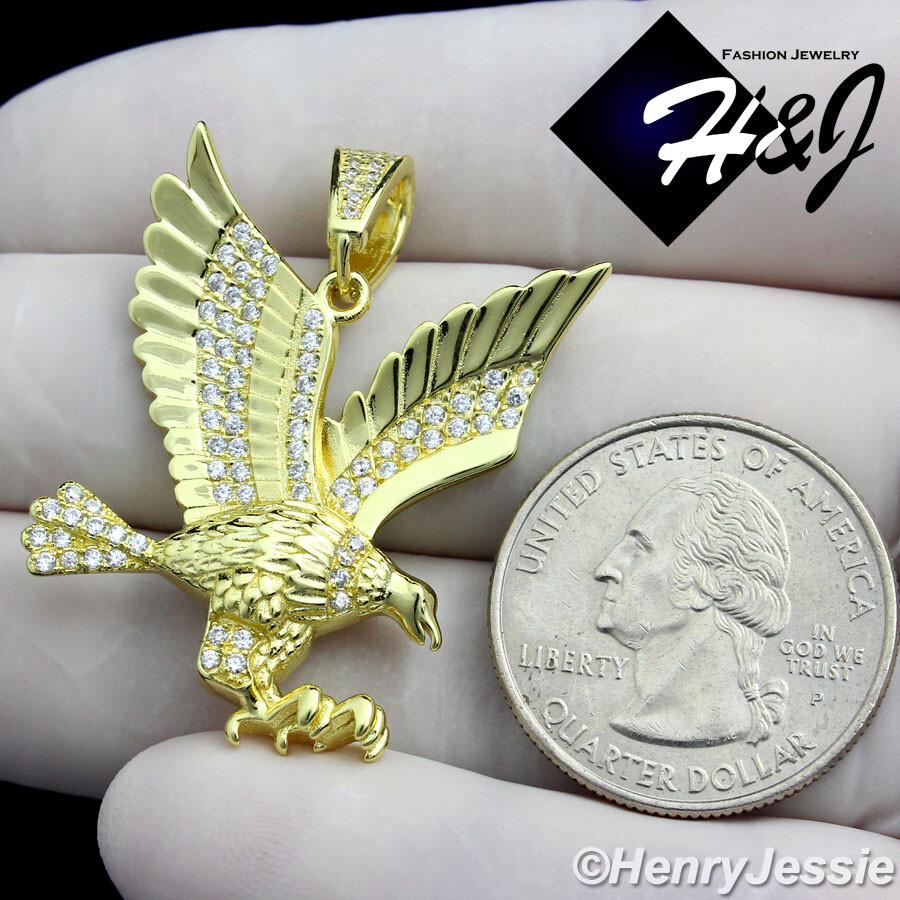 MEN 925 STERLING SILVER ICY CUBIC ZIRCONIA GOLD PLATED 3D EAGLE PENDANT*GP149