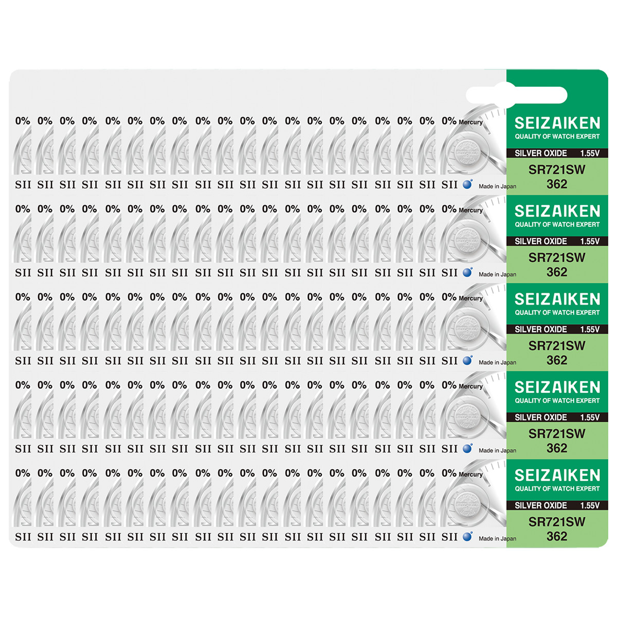Seizaiken 362 SR721SW 1.55V 0%Hg Silver Oxide Watch Battery (100 Batteries)