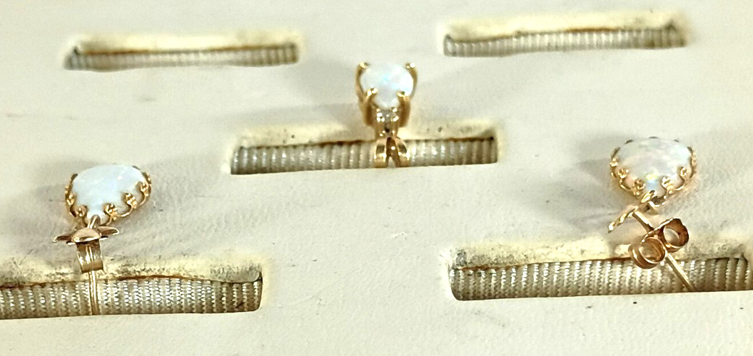 Vintage 14K Gold Opal Earrings & Pendant Set Natural White Fire Opal Mexico