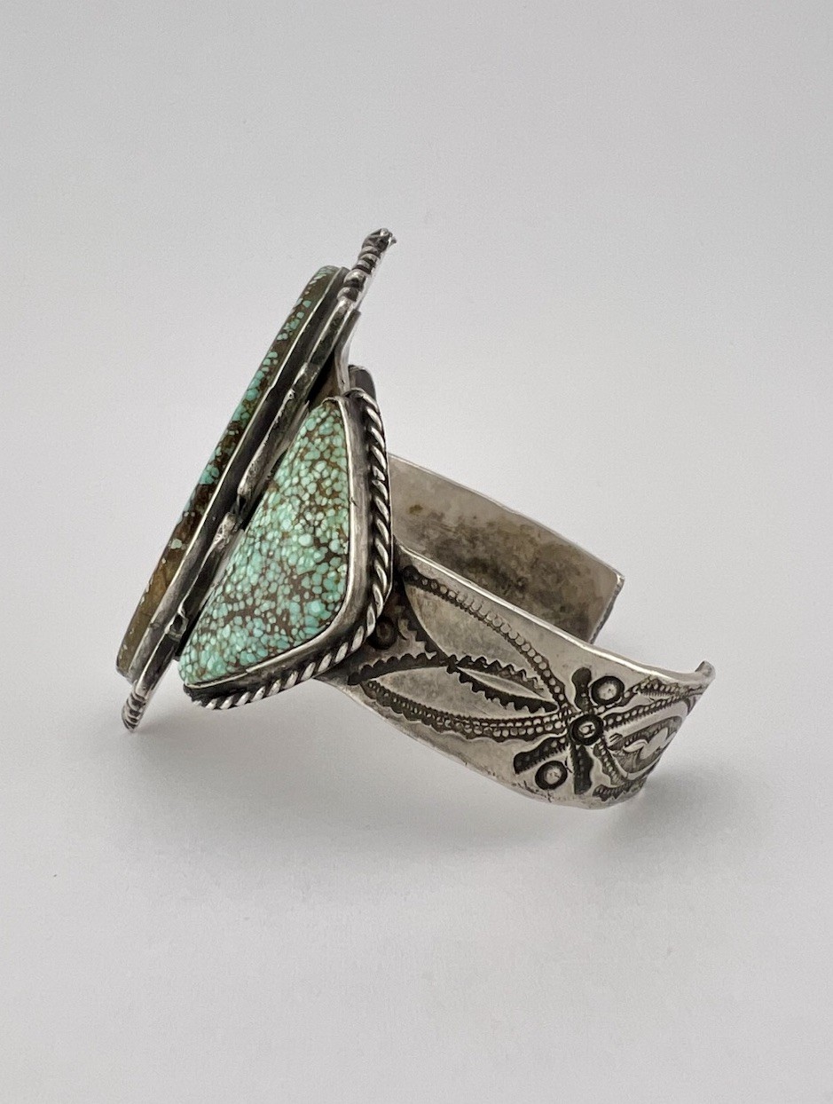 Fred Harvey Navajo Sterling Silver Spiderweb #8 Turquoise Stamped Cuff Bracelet