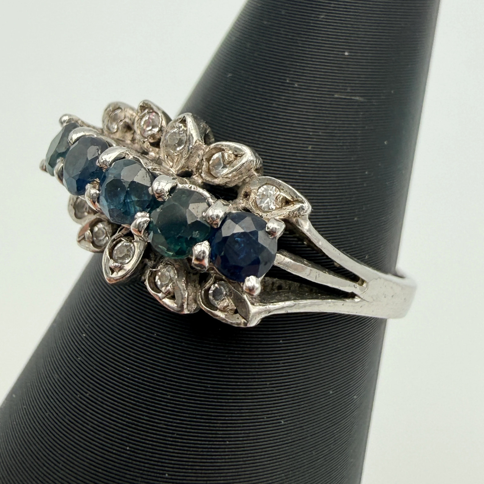 Silver Ring 925 Sterling Blue Green Stones Cubic Zirconia Ring Size 56 Vintage 1990