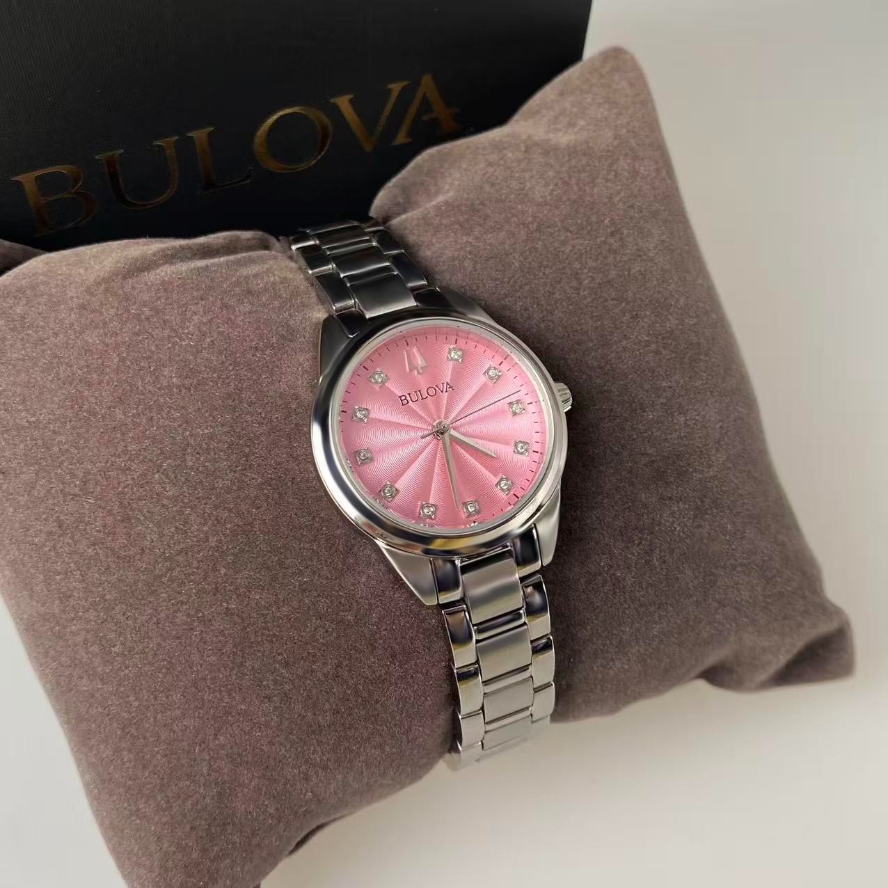 Bulova Sutton 96P249 Pink Diamond Dial Stainless Steel Women’s Quartz Watch 28mm