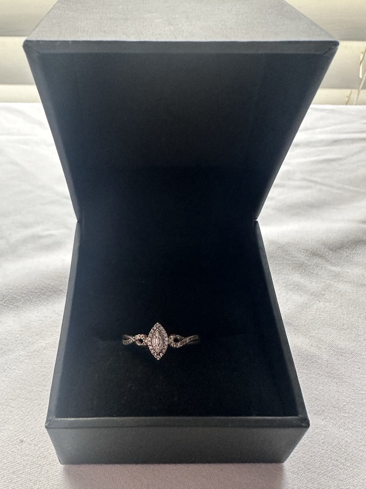 Round & Baguette-Cut Diamond Marquise Promise Ring 1/6 ct tw Sterling Silver