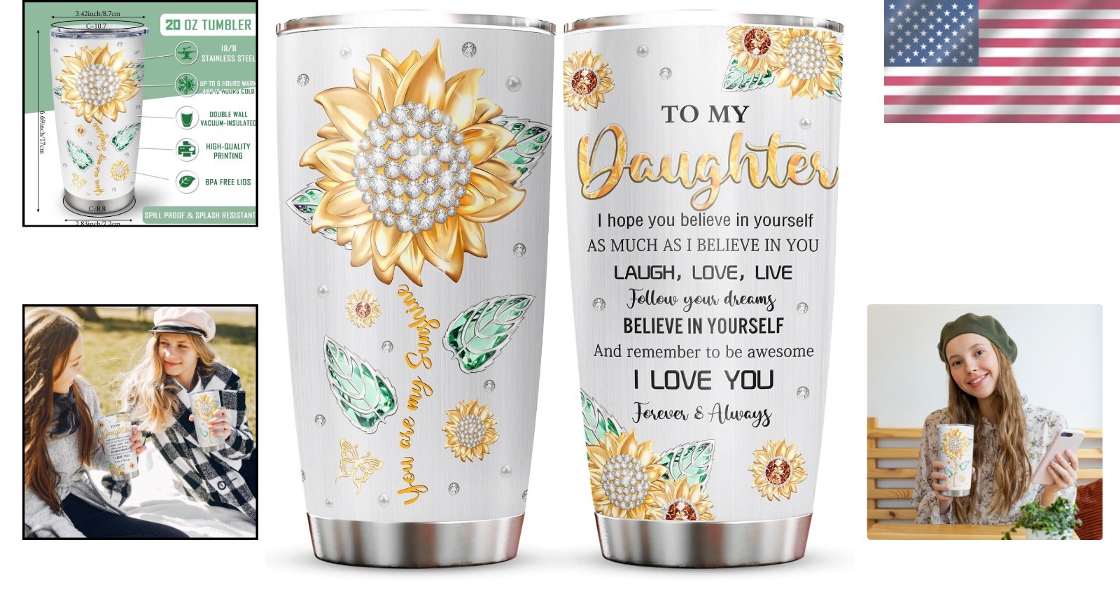 Daughter Gift from Mom Dad 20oz Tumbler Insulated Stainless Steel Grey Cup
