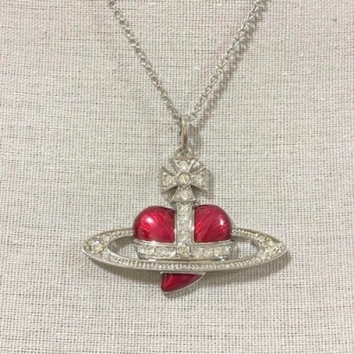 Vivienne Westwood Diamante Heart Orb Large Necklace Silver Red with drawstring
