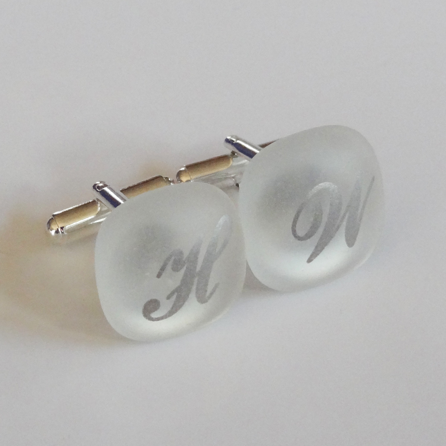 Personalized Monogram Cufflinks – Platinum initials on matte clear glass