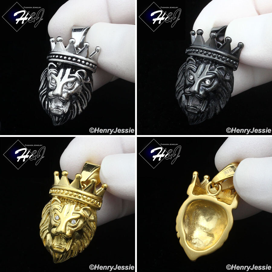 MEN Stainless Steel Gold/Silver/Black Plated ICY CZ Lion Face Crown Pendant*P135