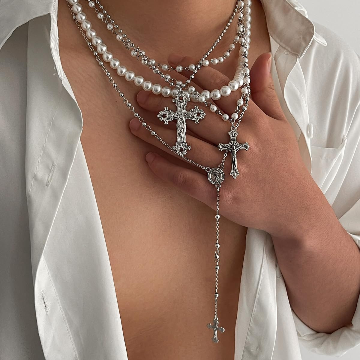 Silver Layered Cross Necklace Set for Women, 4Pcs Pearl Rosary Choker Chunky Chr