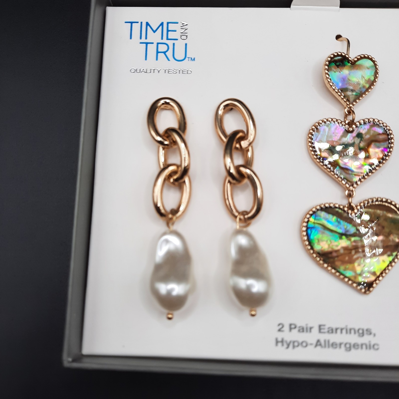 Time and Tru Hypo-Allergenic Heart & Pearl Drop Dangle Earrings 2 Pair Set.