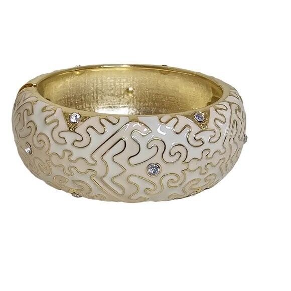 Gorgeous Gold Plated White Beige Enamel Crystal Hinged Bangle Bracelet NWOT